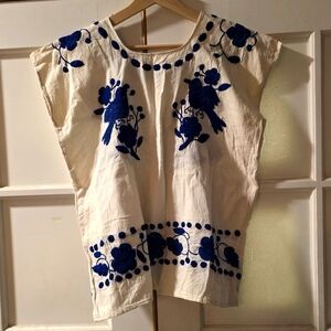 Handmade Vintage Embroidered White and Blue Women's Top